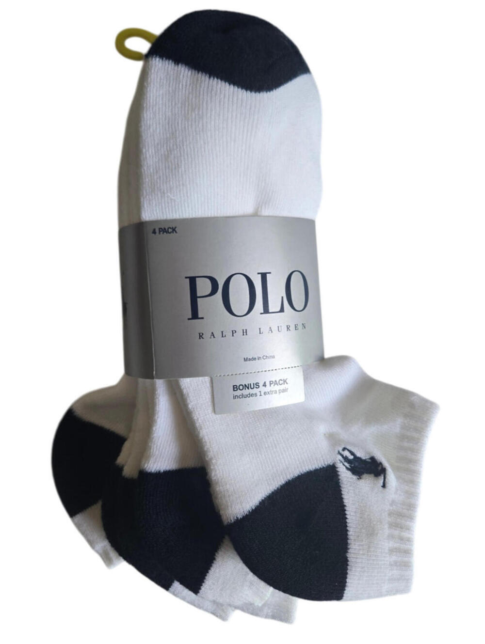 Polo Ralph Lauren Mens Low Cut Socks White with Navy Blue Trim 4 pack NWT
